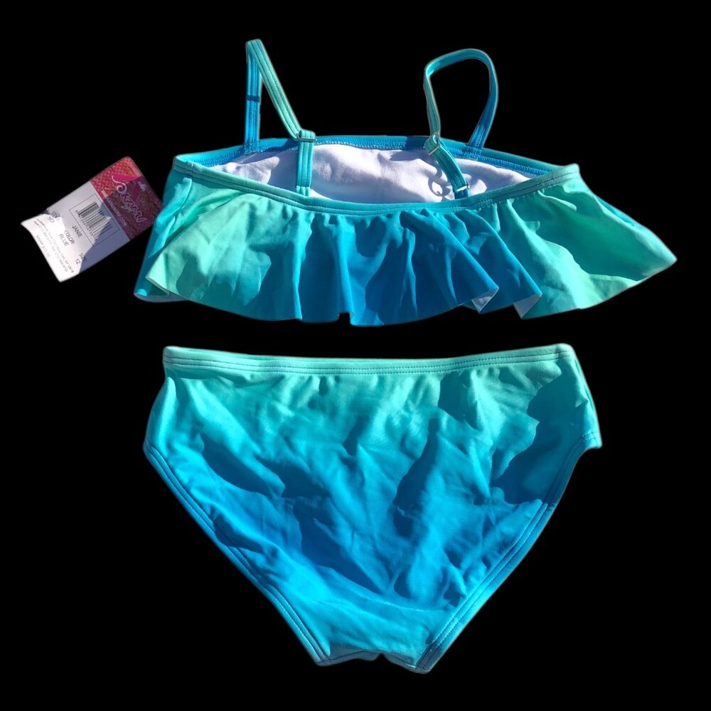 Girls Turquoise Ruffle Bikini Set, 12 - Picture 2 of 4